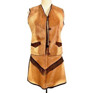 Vintage Hand-made Deer Hide Leather Suede Vest/ Skirt Fringe Three Tone OOAK